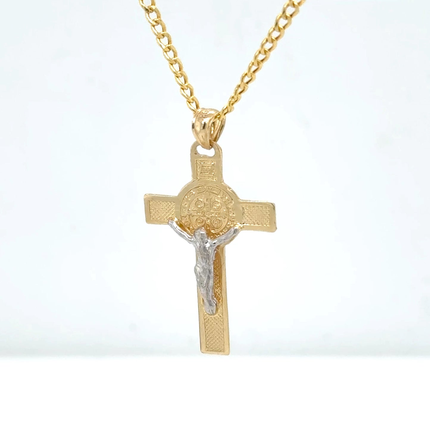 14K Yellow Gold Two-Tone Crucifix Cross Pendant Necklace