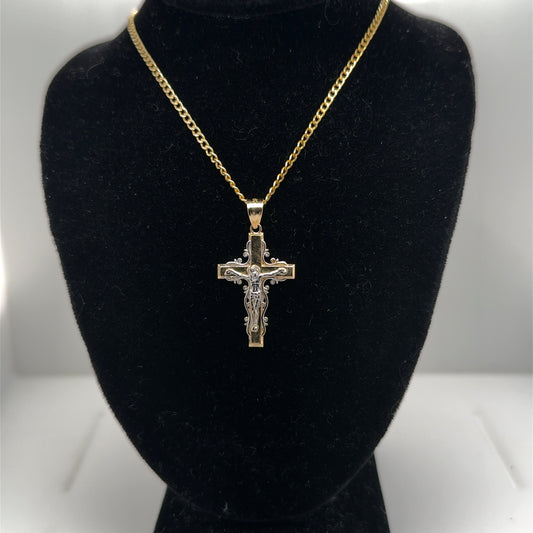 14K Yellow Gold Ornate Crucifix Cross Pendant Necklace