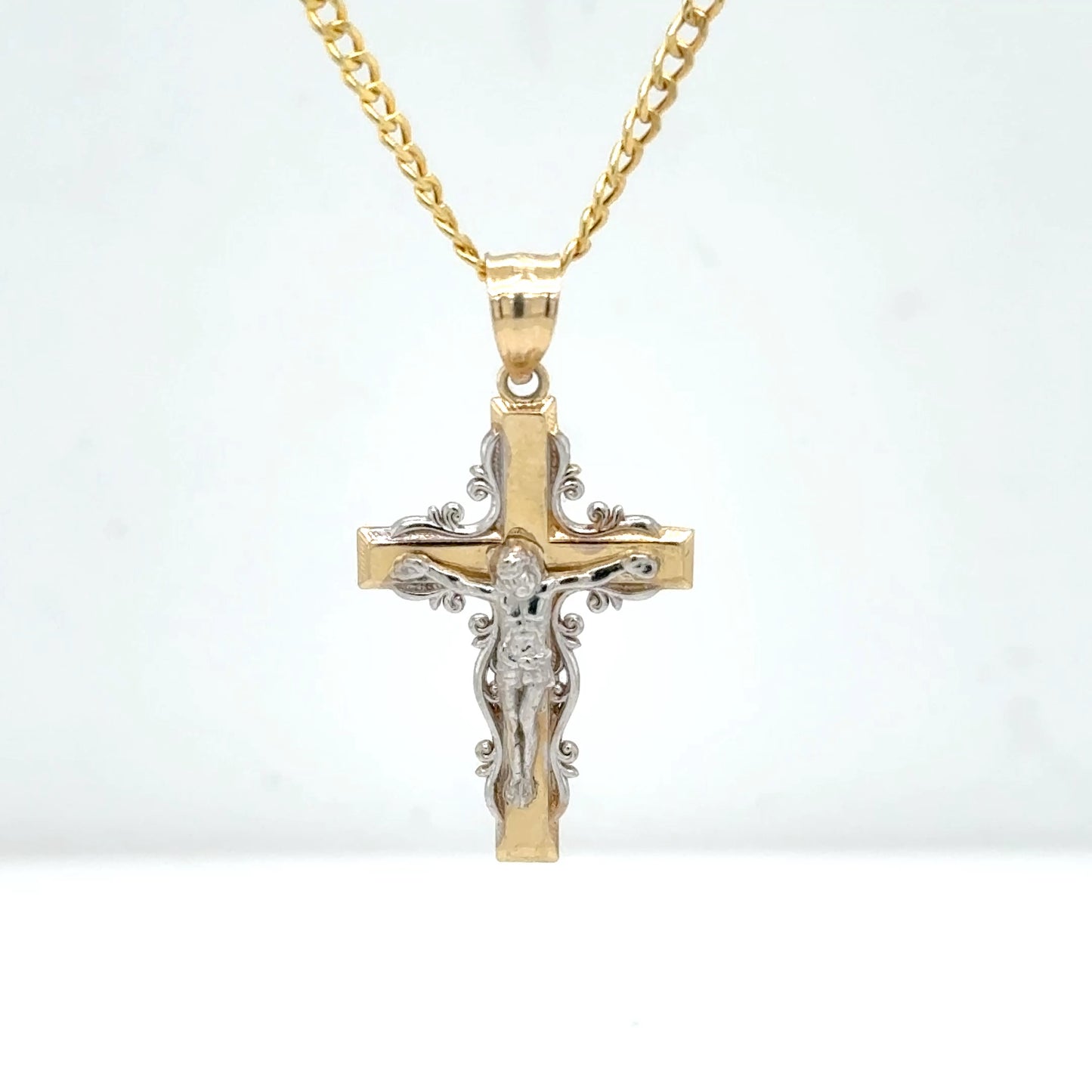 14K Yellow Gold Ornate Crucifix Cross Pendant Necklace