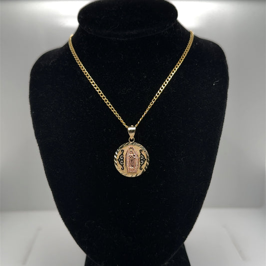 14K Yellow Gold Virgin Mary Our Lady of Guadalupe Pendant Necklace