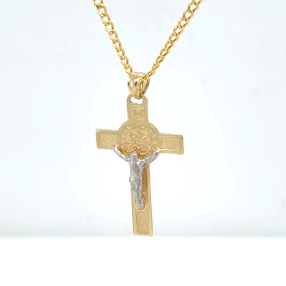 14K Yellow Gold Two-Tone Crucifix Cross Pendant Necklace