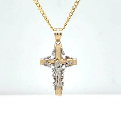 14K Yellow Gold Ornate Crucifix Cross Pendant Necklace
