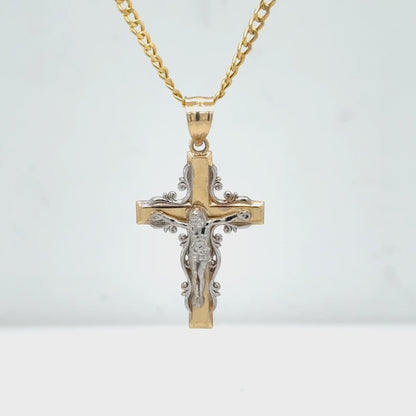 14K Yellow Gold Ornate Crucifix Cross Pendant Necklace