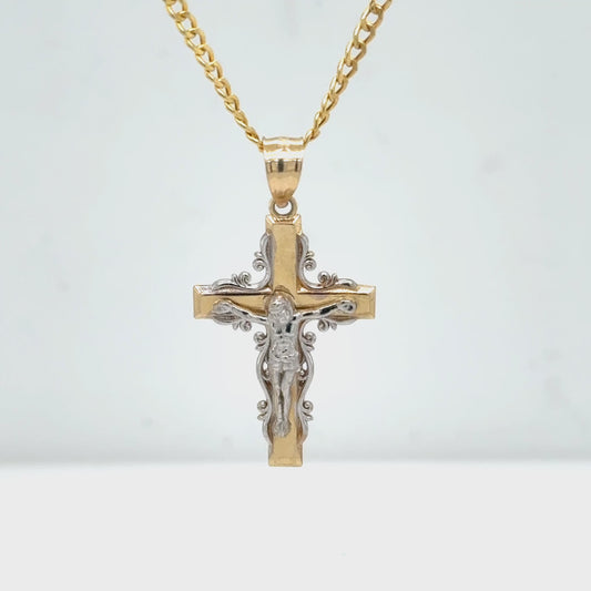 14K Yellow Gold Ornate Crucifix Cross Pendant Necklace