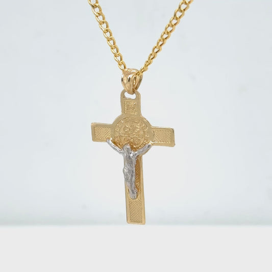 14K Yellow Gold Two-Tone Crucifix Cross Pendant Necklace